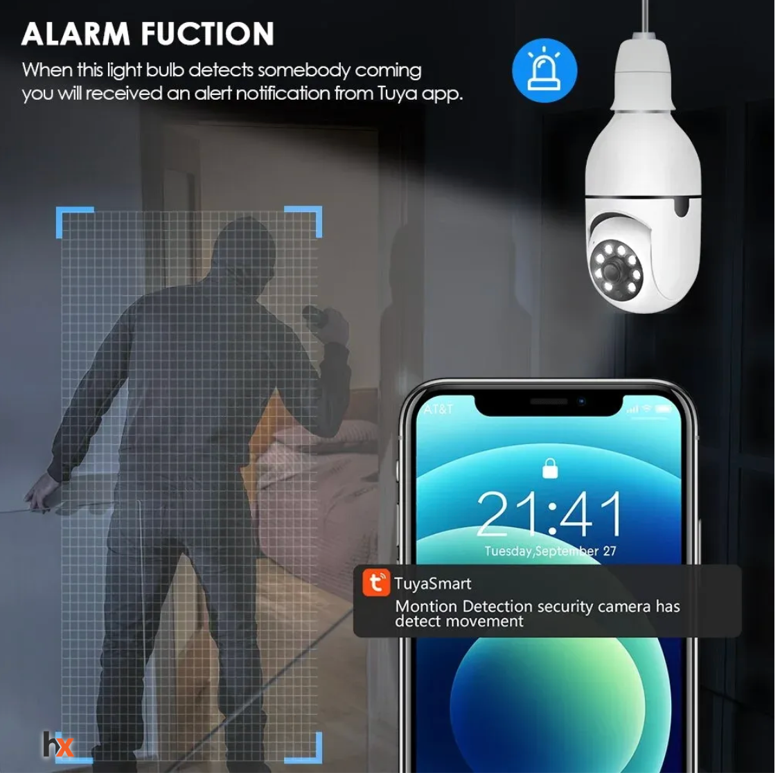Hausfiy CCTV WiFi Night Vision 360 Camera showing a live surveillance feed with a wide-angle view at night