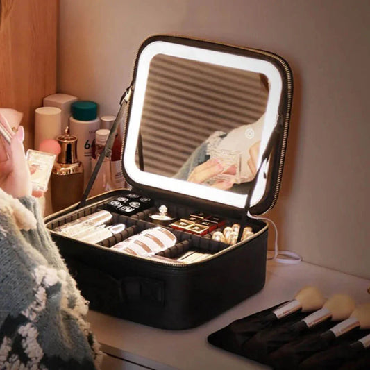 Hausify Store LED cosmetic bag with built-in mirror, featuring sleek design and interior compartments for beauty essentials.