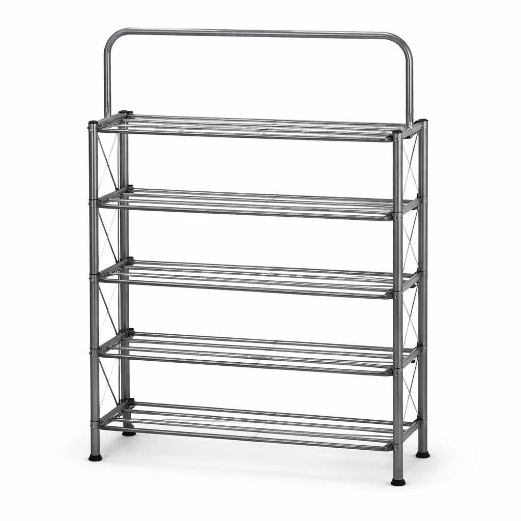 Foldable shoe rack with wall hanging design from Hausfiy Store, showing metal frame and multiple shelves for organized shoe storage.