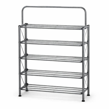 Foldable shoe rack with wall hanging design from Hausfiy Store, showing metal frame and multiple shelves for organized shoe storage.