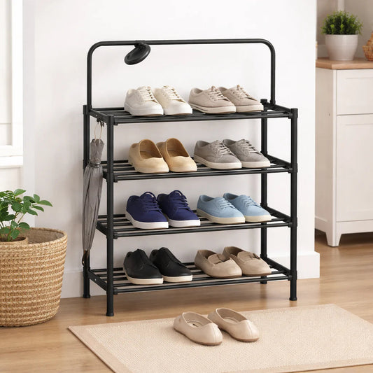 Hausfiy Store foldable shoe rack with wall hanging, showing compact design and multiple shelves for organized shoe storage.