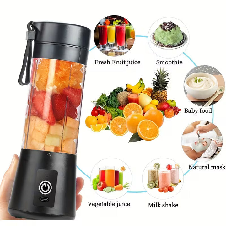 Hausfiy Mini Portable USB Electric Blender and Fruit Juicer showing a compact, rechargeable blender with blended fruit inside.