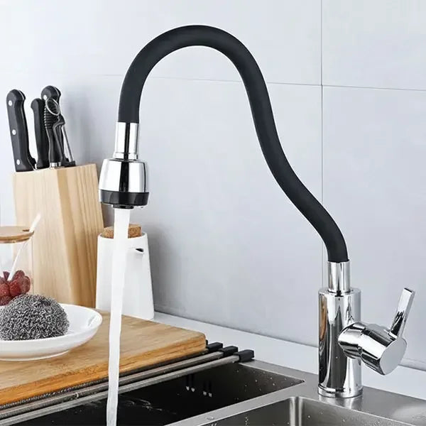 Flexible silicone faucet nozzle for kitchen or bathroom, 360-degree bendable tap extension with soft shower water flow.