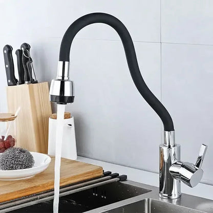 Flexible silicone faucet nozzle for kitchen or bathroom, 360-degree bendable tap extension with soft shower water flow.