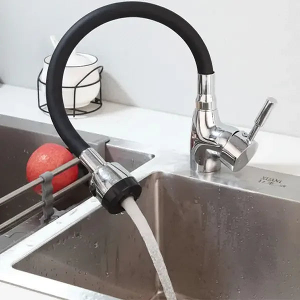 Flexible silicone faucet nozzle with 360° bendable design, soft spray, and shower water flow for kitchen or bathroom use.