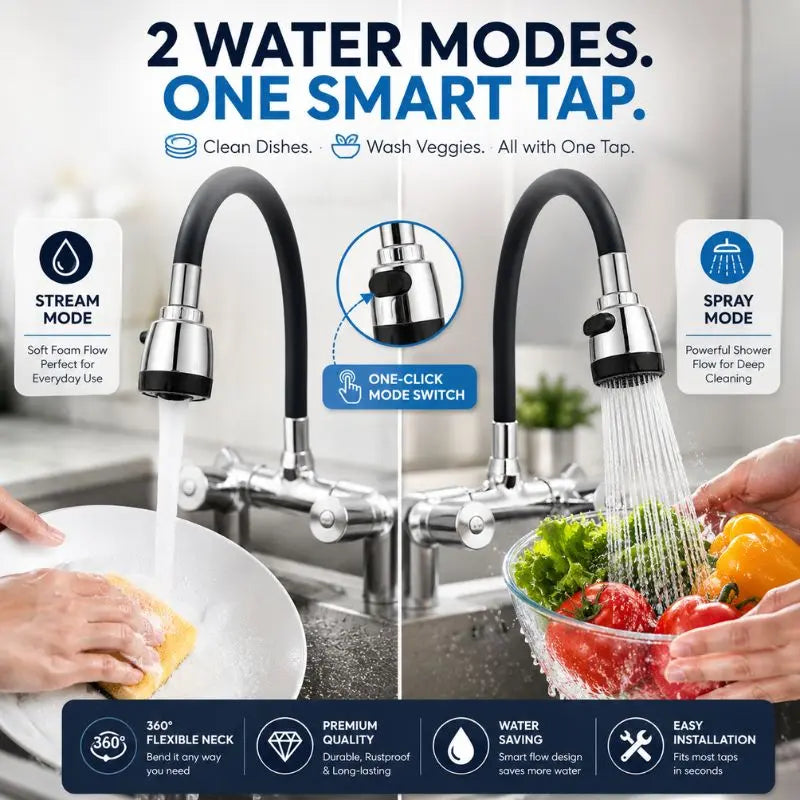 Flexible silicone tap extension nozzle with 360° bendable design and shower water flow for kitchen or bathroom faucets.