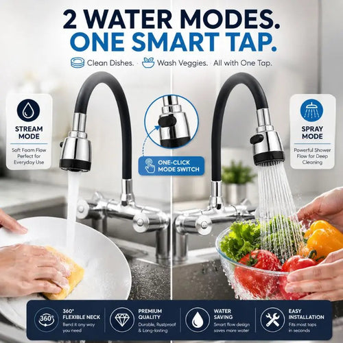 Flexible silicone tap extension nozzle with 360° bendable design and shower water flow for kitchen or bathroom faucets.