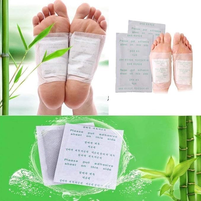Hausify Kinoki cleansing detox foot patches shown on feet, promoting detox and wellness with natural herbal ingredients.