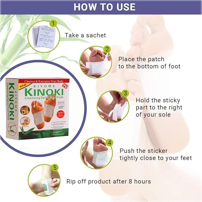 Hausify Kinoki detox foot patches applied to soles for cleansing and detoxification, promoting relaxation and overall wellness.