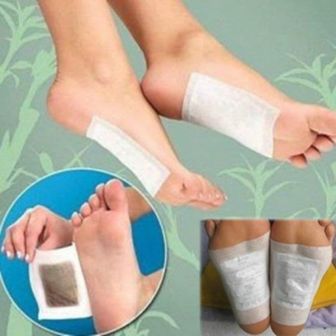Hausify Store Kinoki Detox Foot Patches shown on feet, promoting cleansing and detoxification through natural herbal ingredients.