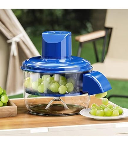 Hausify vegetable and fruit peeler machine for home cooking, showing the compact kitchen gadget in use with peeled produce.