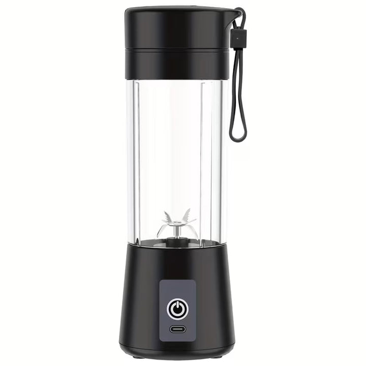 Hausfiy portable USB electric blender and fruit juicer, compact rechargeable device with blending jar and power button.
