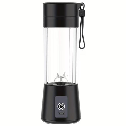 Hausfiy portable USB electric blender and fruit juicer, compact rechargeable device with blending jar and power button.