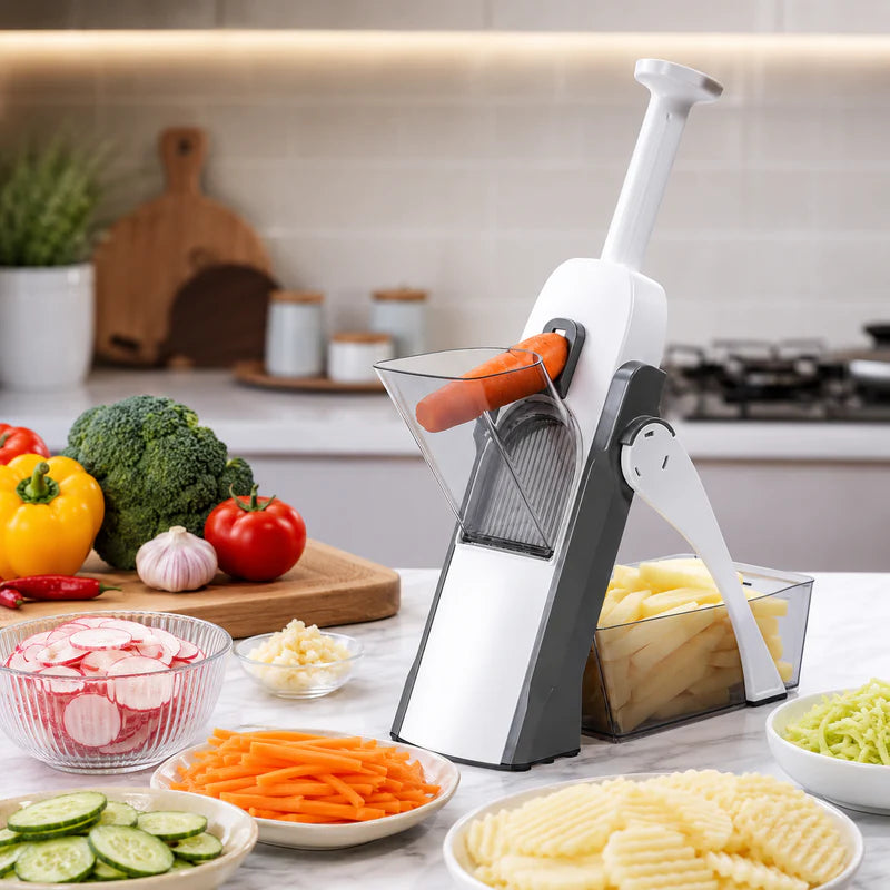Hausify Premium vegetable slicer and mandoline cutter with adjustable blades, julienne options, and food container for versatile kitchen prep.