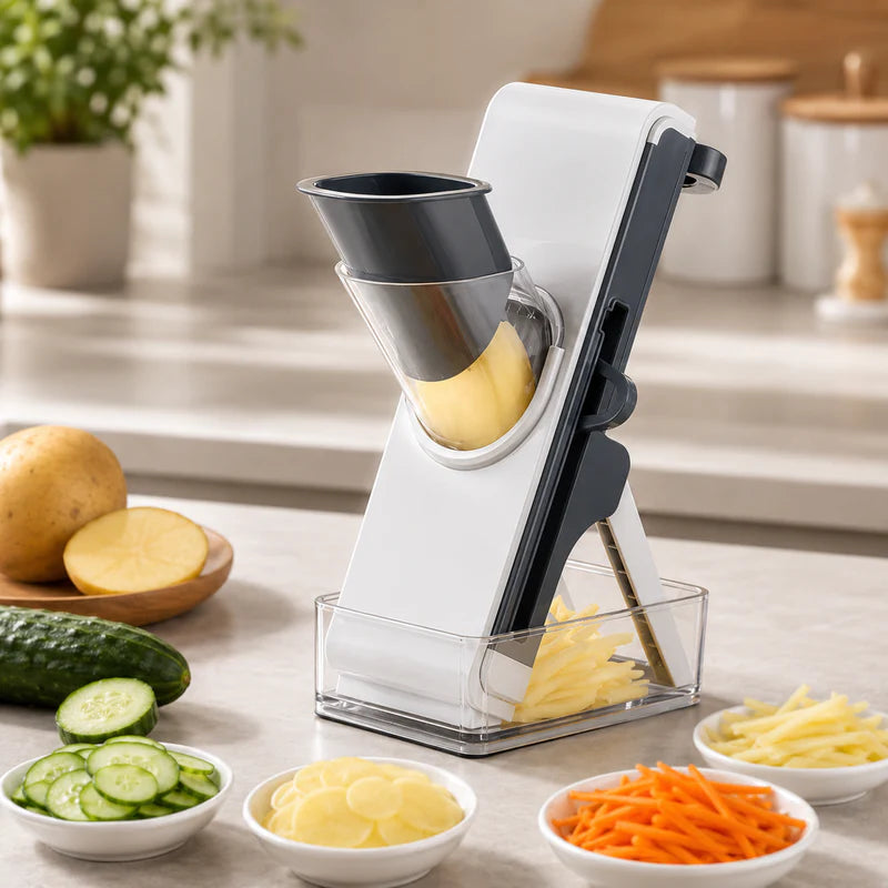 Hausify Store premium multifunction vegetable slicer and mandoline with adjustable blades, julienne options, and food container.