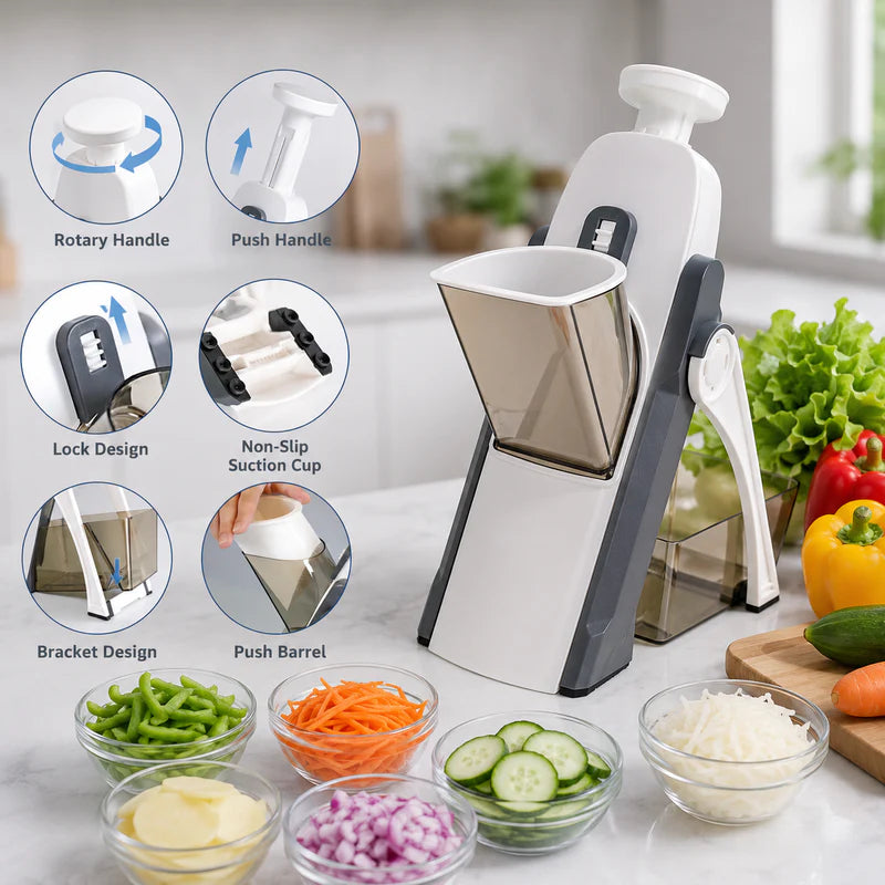 Hausify premium vegetable slicer and mandoline with adjustable blades, julienne options, food container, perfect for versatile kitchen prep.
