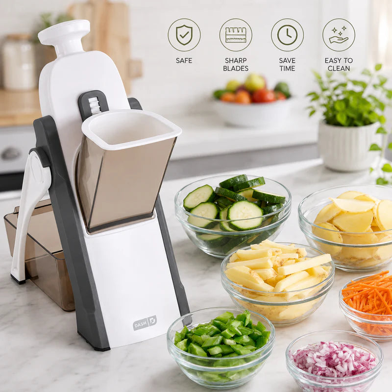 Hausify premium vegetable slicer and mandoline cutter with adjustable blades, julienne options, and a food container for easy prep.