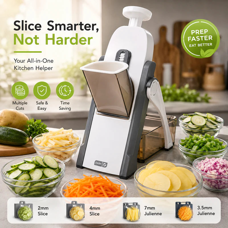 Hausify Store multifunction vegetable slicer with adjustable blades, julienne options, and food container for efficient kitchen prep.