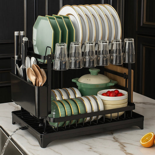 Two-tier dish drying rack with utensil holder for kitchen counter organization, featuring stainless steel and compact design.