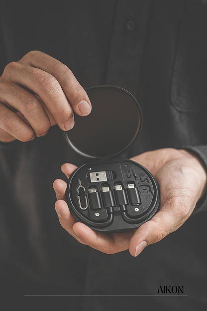 Hausify TechMate 5-in-1 charger, SIM tool, and holder with sleek design, compact and multifunctional tech accessory.