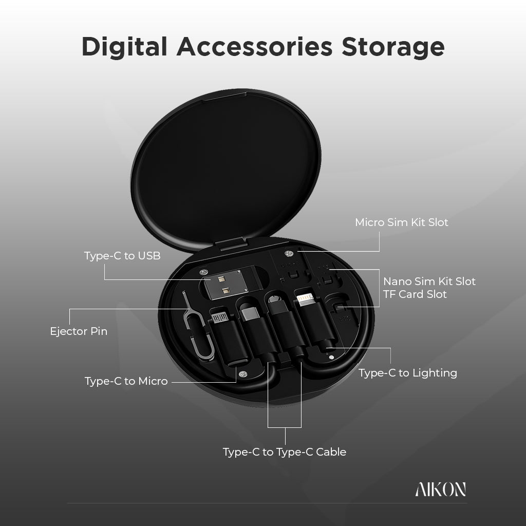 Hausify TechMate 5-in-1 charger, SIM tool, and holder with multiple functions, compact design, and easy-to-use features.