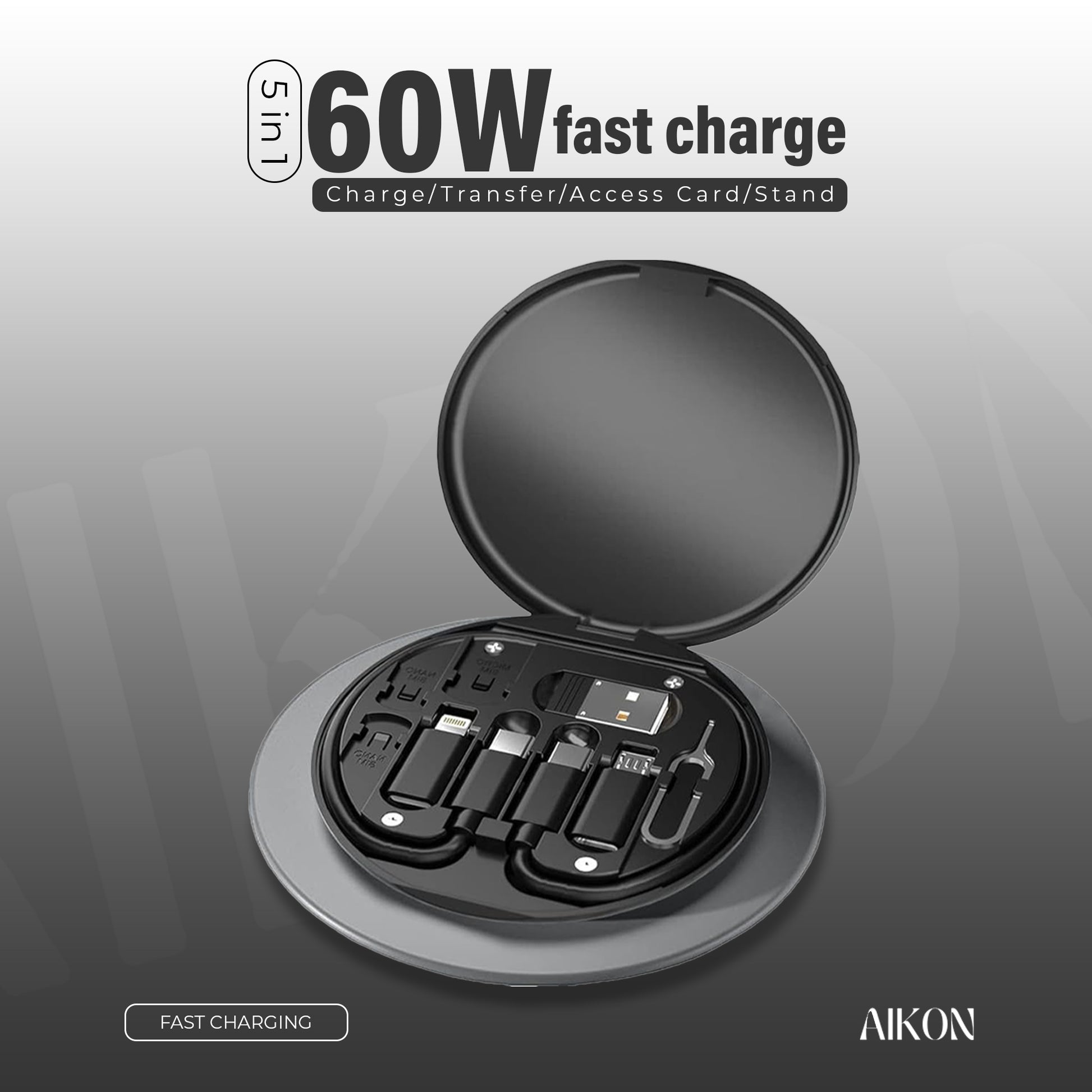 Hausify TechMate 5-in-1 charger, SIM tool, and holder showing its compact multifunctional design and various features.