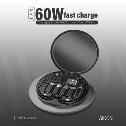 Hausify TechMate 5-in-1 charger, SIM tool, and holder showing its compact multifunctional design and various features.