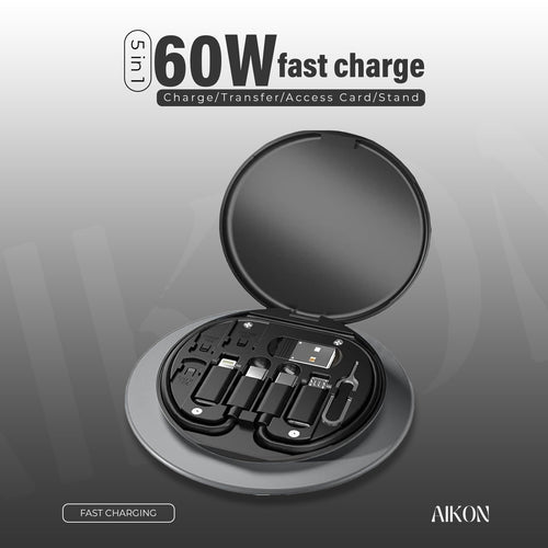 Hausify TechMate 5-in-1 charger, SIM tool, and holder showing its compact multifunctional design and various features.