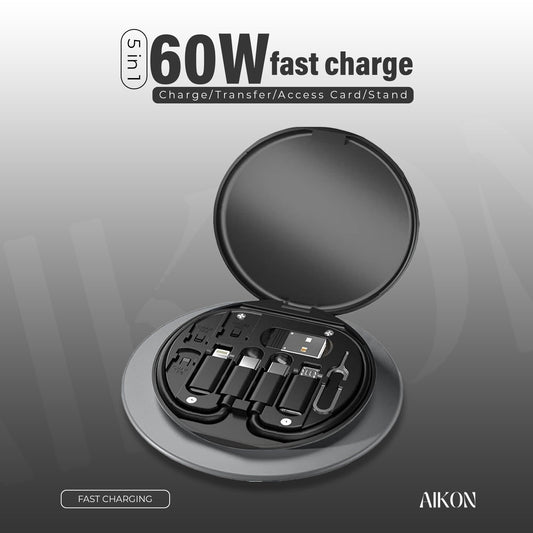 Hausify TechMate 5-in-1 charger, SIM tool, and holder showing its compact multifunctional design and various features.