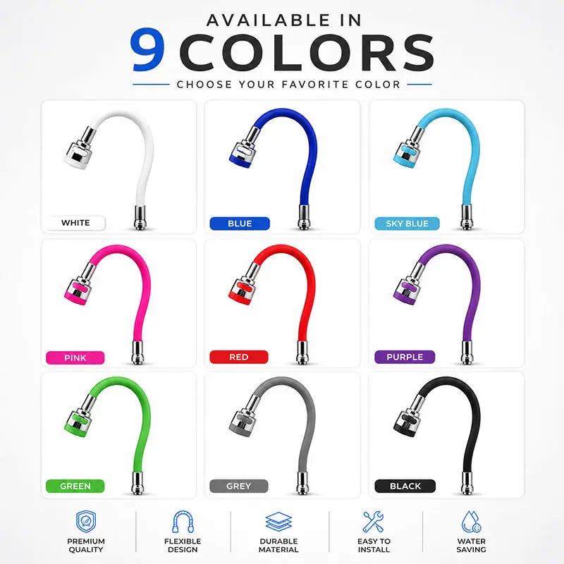 Colorful 360° bendable silicone faucet nozzle by Hausfiy Store, featuring soft shower water and flexible design.