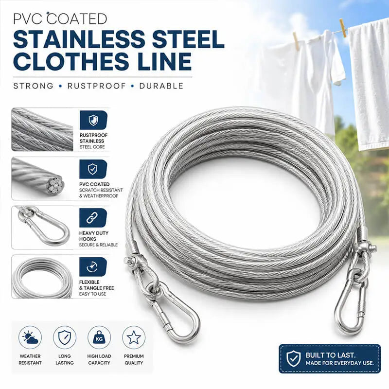 Premium stainless steel PVC coated clothesline from Hausfiy Store, heavy-duty rust-resistant drying wire for outdoor laundry use