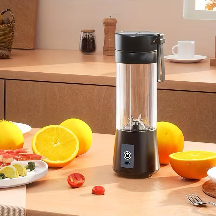 Hausfiy Mini Portable USB Electric Blender and Fruit Juicer with rechargeable compact design, shown with blending jar and buttons.
