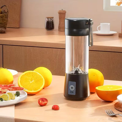 Hausfiy Mini Portable USB Electric Blender and Fruit Juicer with rechargeable compact design, shown with blending jar and buttons.