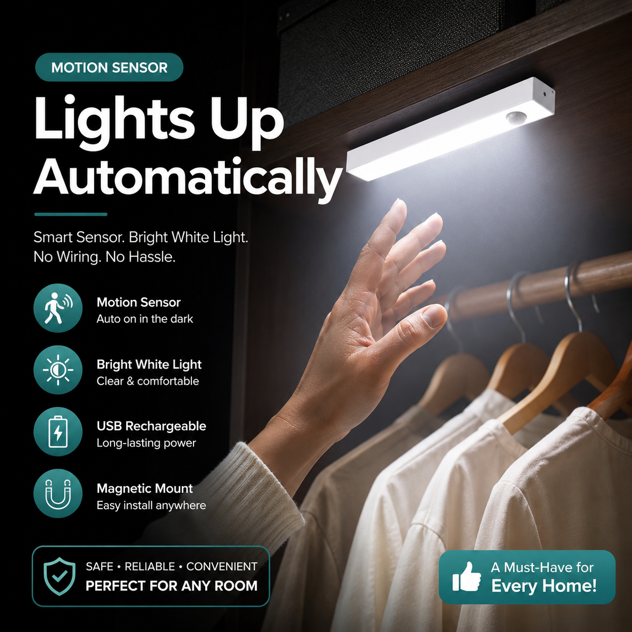 Rechargeable Hausify motion sensor light with long backup, automatic detection, mounted on a wall for indoor or outdoor use