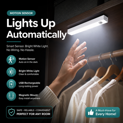 Rechargeable Hausify motion sensor light with long backup, automatic detection, mounted on a wall for indoor or outdoor use