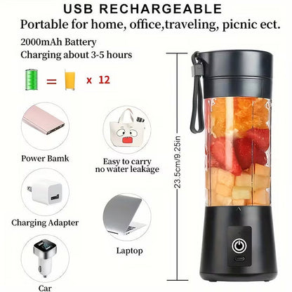 Mini portable USB electric blender and fruit juicer by Hausfiy Store, showing the compact, rechargeable device with blending cup.