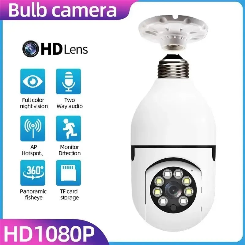 Hausfiy Wi-Fi CCTV night vision 360 camera with pan-tilt-zoom functionality, shown with black bulb-shaped design for home security