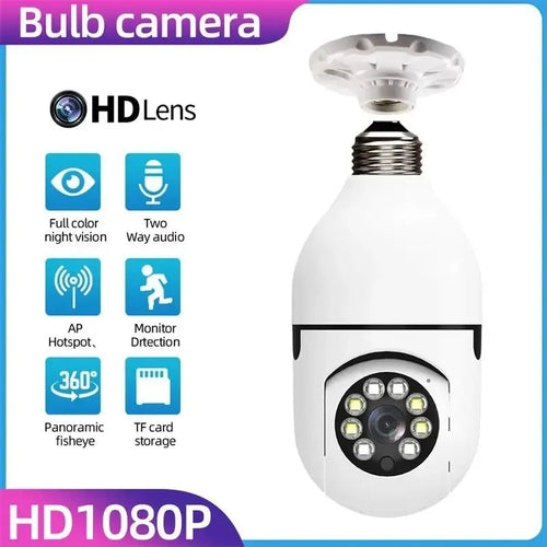 Hausfiy Wi-Fi CCTV night vision 360 camera with pan-tilt-zoom functionality, shown with black bulb-shaped design for home security
