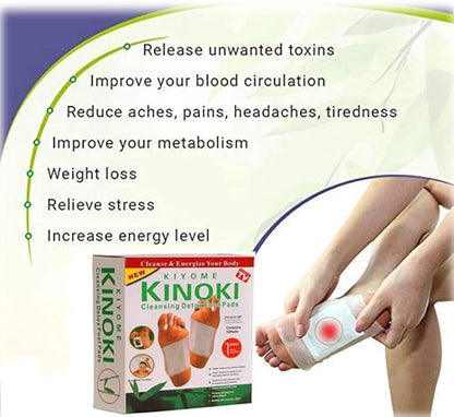 Hausify Store Kinoki Cleansing Detox Foot Patches displayed on feet, showing the herbal patches used for detoxification and foot cleansing.