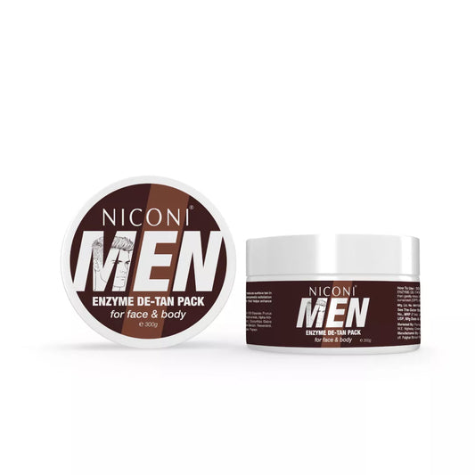 Niconi Men Enzyme De-Tan Pack for Face and Body in 300g container, with natural ingredients and skincare benefits.