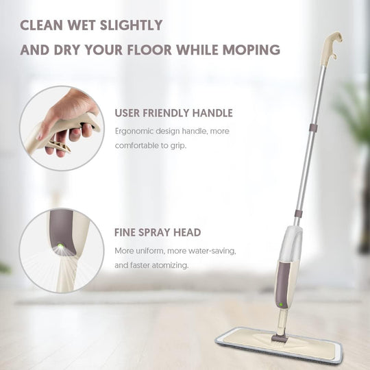 Hausify reusable microfiber spray mop with flat head and cleaning pad on tiled floor, ideal for easy floor cleaning and maintenance